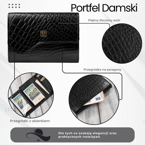 portfel damski skórzany mały czarny croco w orientacji poziomej na Arena.pl