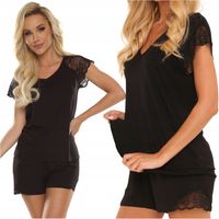 Piżama damska z wiskozy z koronką De Lafense Dagmara 625 czarna L 40