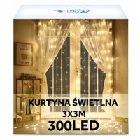 Kurtyna świetlna 300 LED BIAŁY CIEPŁY Girlanda Lampki 2700K 3x3m USB +pilot