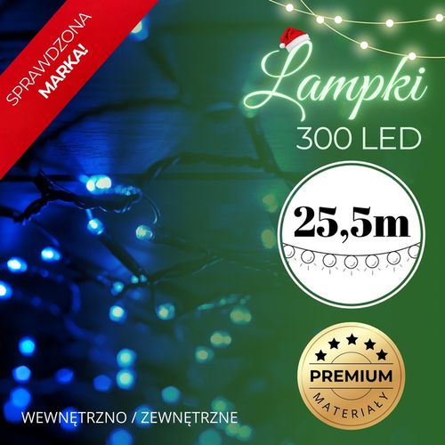 Lampki choinkowe 300 Led niebieski 25,5 m oświetlenie świąteczne IP44 na Arena.pl