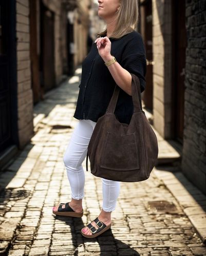 Czekoladowa zamszowa torebka shopper worek XL ZAMSZ NATURALNY Vera Pelle A4 na Arena.pl