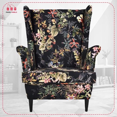 Fotel uszak ARI PRINT z podnóżkiem, skandynawski Family Meble welurowy na Arena.pl