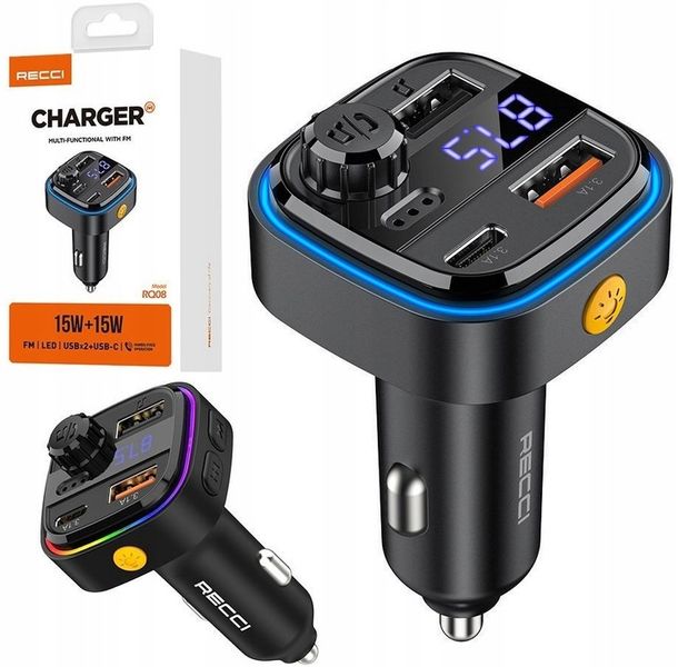 TRANSMITER SAMOCHODOWY FM BLUETOOTH LED USB i USB-C QC 3.1A RECCI zdjęcie 2