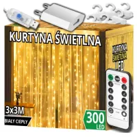 KURTYNA ŚWIETLNA 300 LED CIEPŁE 3x3 USB ŚWIĄTECZNE CHOINKOWE GIRLANDA PILOT