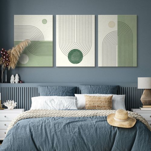 OBRAZY DO SYPIALNI SET ZIELONE WZORY GEOMETRYCZNE ABSTRAKCJA 90cm x 40cm na Arena.pl
