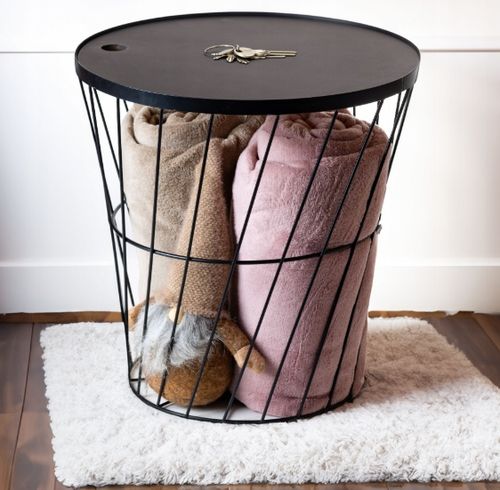 STOLIK KAWOWY METALOWY KOSZ DRUCIANY Z POKRYWĄ OKRĄGŁY CZARNY OZDOBNY na Arena.pl