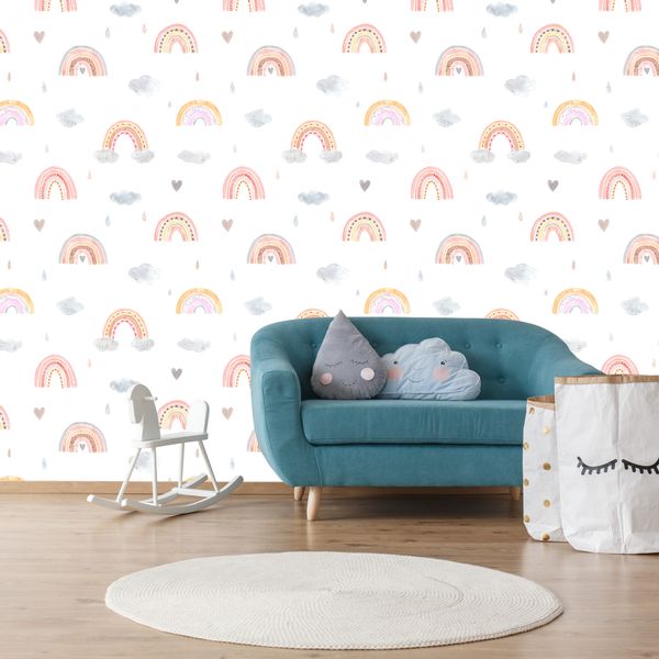 Tapeta W Rolce Dla Dziewczynki TĘCZE Akwarela Serduszka Chmurki Styl Boho zdjęcie 2
