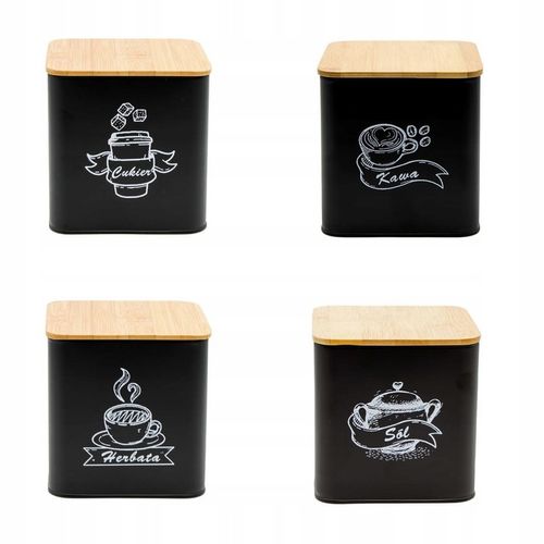 POJEMNIKI KOMPLET KAWA HERBATA CUKIER SÓL CZARNY METALOWY BAMBUS ZESTAW na Arena.pl