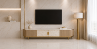 Komoda RTV ryflowana złota muszelkowe fronty kamienny blat 200x40x52