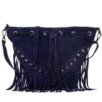 VERA PELLE torebka zamszowa listonoszka boho z ćwiekami V418 c.fioletowa