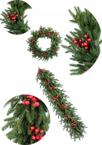 Wianek Świąteczny Świerk NATURA z JARZĘBINĄ 3D 100%PE 60 cm KOMINEK drzwi na Arena.pl