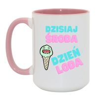 KUBEK "DZISIAJ ŚRODA DZIEŃ LODA" Wzór - Duży Biało-Różowy 450 ml