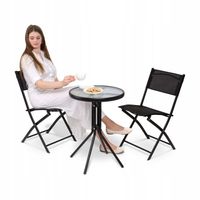 Zestaw MEBLE OGRODOWE KRZESŁA składane i STOLIK KAWOWY okrągły SZKLANY 50cm