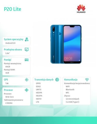 Huawei P20 Lite 64GB DUAL SIM Niebieski na Arena.pl