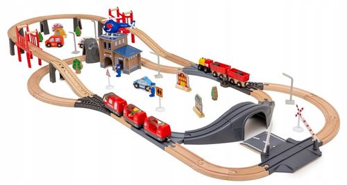 Drewniana Kolejka Elektryczna POCIĄG NA BATERIE x2 WAGONY TUNEL TOR Dźwięk na Arena.pl