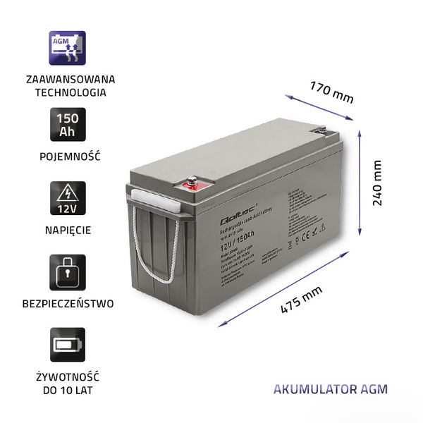 Qoltec Akumulator AGM 12V 150Ah max. 2250A zdjęcie 4