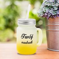 Kubek Mason Jar z uszkiem z mrożonego szkła z żółtym dnem z Twoim nadrukiem