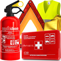 Apteczka gaśnica trójkąt folia ZESTAW do auta samochodu Ogniochron 1kg