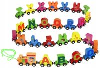 Drewniany Pociąg Edukacyjny Kolejka Nauka Liter Alfabet 26 Wagony Literki