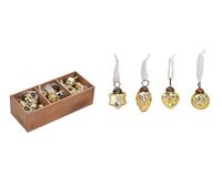 Kpl. 36 złotych bombek choinkowych w drewnianym pudełku 25x5x9cm