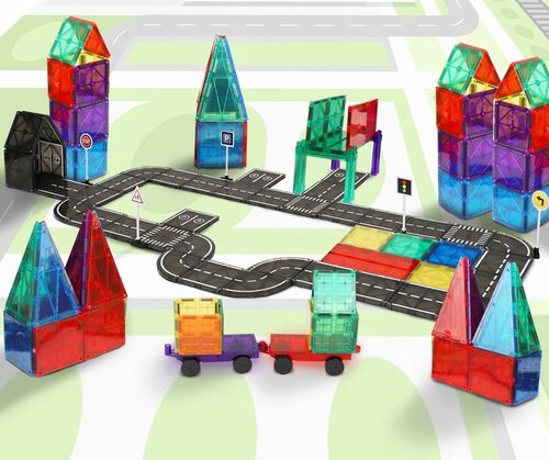 KLOCKI MAGNETYCZNE TOR SAMOCHODOWY DROGA ZE ZNAKAMI 50 ELEMENTÓW PLAYMAGS na Arena.pl