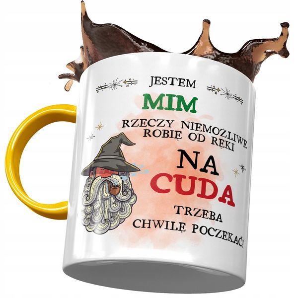 Kubek Żółty Dla Mima Na Cuda Trzeba Poczekać Z Nadrukiem Ze Zdjęciem zdjęcie 1