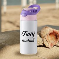 Dziecięcy bidon z silikonowym ustnikiem z Twoim nadrukiem - biały z różowo-fioletową zakrętką