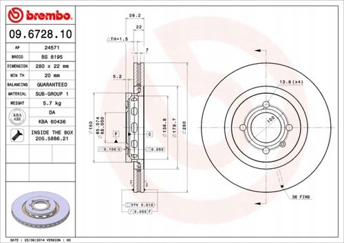 TARCZA HAM PRZOD 280X22 V BREMBO na Arena.pl