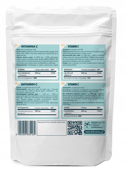 WITAMINA C KWAS L ASKORBINOWY 1kg -1000g / BIOSWENA jakość PREMIUM zdjęcie 2