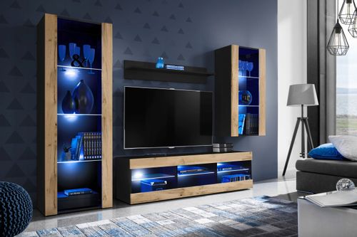 Szafka RTV LED Salon Nowoczesna Dąb Wotan/Biały RGB LED 140x35 Pokój na Arena.pl