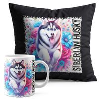 ZESTAW KUBEK + PODUSZKA CZARNA - PIES PSY PIESEK RASA HUSKY SYBERYJSKI