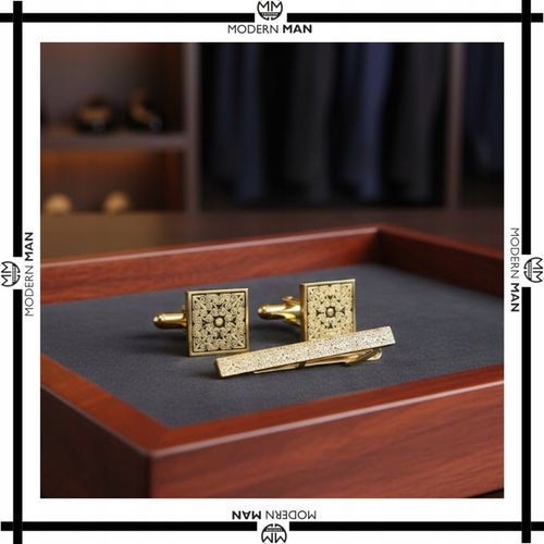 ZESTAW SPINKI DO MANKIETÓW I KRAWATU ZŁOTE NOWOCZESNE PREZENT DLA NIEGO na Arena.pl