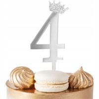TOPPER NA TORT CYFERKA CYFRA 4 SREBRNA LUSTRZANA NA IMPREZĘ URODZINOWĄ