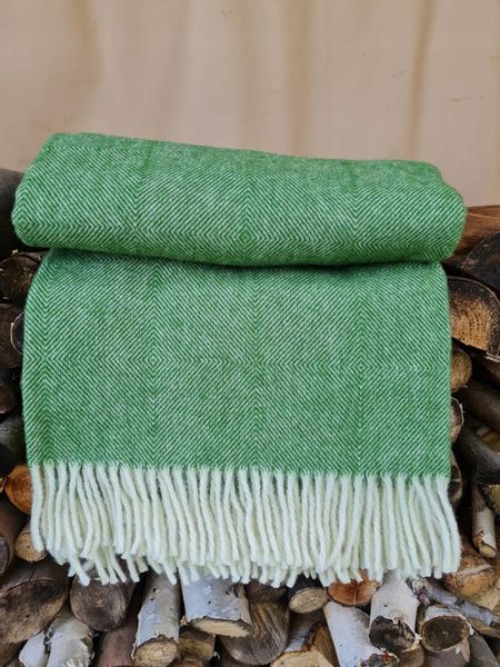 Koc wełniany z frędzlami 150x200 DIAGONAL wełna nowozelandzka zielony zdjęcie 8