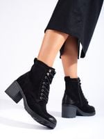 Sznurowane botki damskie na obcasie Potocki czarne zamszowe Rozmiar: - 40