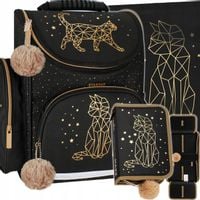 TORNISTER SZKOLNY PLECAK DLA DZIEWCZYNKI KOTEK CZARNY ZŁOTY WOREK PIÓRNIK