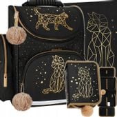 TORNISTER SZKOLNY PLECAK DLA DZIEWCZYNKI KOTEK CZARNY ZŁOTY WOREK PIÓRNIK