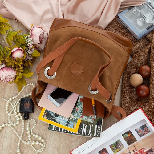 VERA PELLE torebka zamszowa shopper z parcianymi rączkami V707 camel na Arena.pl