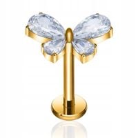 PIERCING kolczyk ZŁOTY labret motylek z cyrkoniami TYTAN FLAT 1.2/8