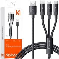 mcdodo kabel usb 3w1 szybkie ładowanie usb-c lightning micro usb qc 1m led