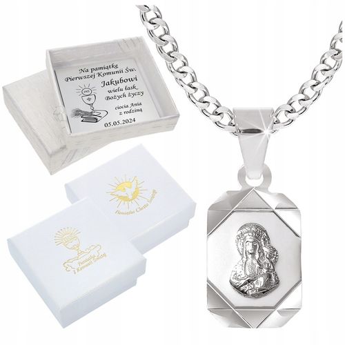 ŁAŃCUSZEK SREBRNY MEDALIK KOMUNIJNY MATKA BOSKA NA KOMUNIĘ NA CHRZEST 50 cm na Arena.pl