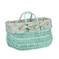 Pastelowa Mięta Malowana Wiklinowa Torba na Rower Kosz Rowerowy z Obszyciem i skórzanymi Paskami 43x21 H27/35 cm