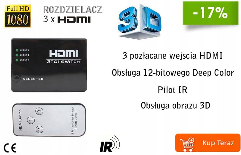 ROZDZIELACZ HDMI 3 PORTOWY + PILOT ROZGAŁĘŹNIK HQ zdjęcie 8
