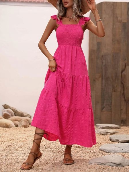 LETNIA SUKIENKA LUŹNA CODZIENNA MAXI RÓŻOWA MARSZCZENIA KOBIECA NA PLAŻĘ zdjęcie 4