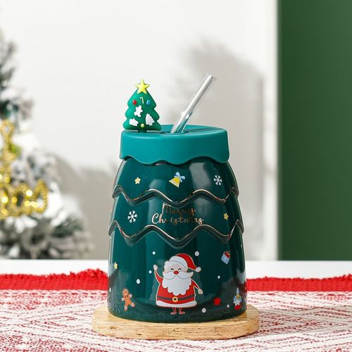 kubek świąteczny - zestaw z silikonową pokrywką i rurką 400ml, zielony na Arena.pl