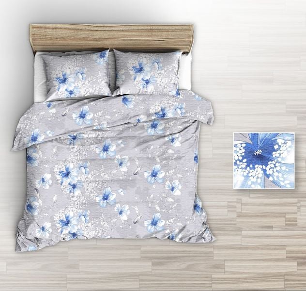 Pościel z kory 160x200 szara duże niebieskie rysowane kwiaty zdjęcie 2