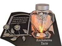 TATA TACIE SOLARNY ZNICZ LAMPION NA GRÓB SERCE SZKŁO SREBRO SKOS SENTENCJA