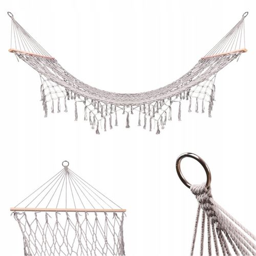 HAMAK OGRODOWY SIATKA MAKRAMA WISZĄCY LEŻAK BOHO FRĘDZLE 200 CM SZARY DUŻY na Arena.pl