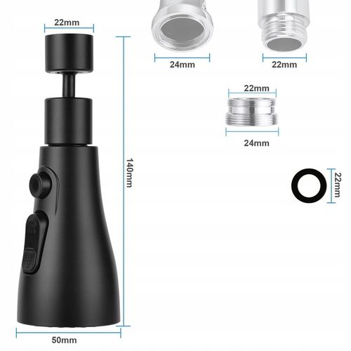 PRZEDŁUŻACZ KRANU KUCHENNEGO AERATOR PERLATOR 3 FUNKCJE 360° CZARNY na Arena.pl