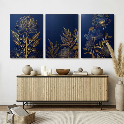 Obrazy Do Salonu Set Kwiaty Line-art Glamour Abstrakcja Natura 90cm x 40cm na Arena.pl